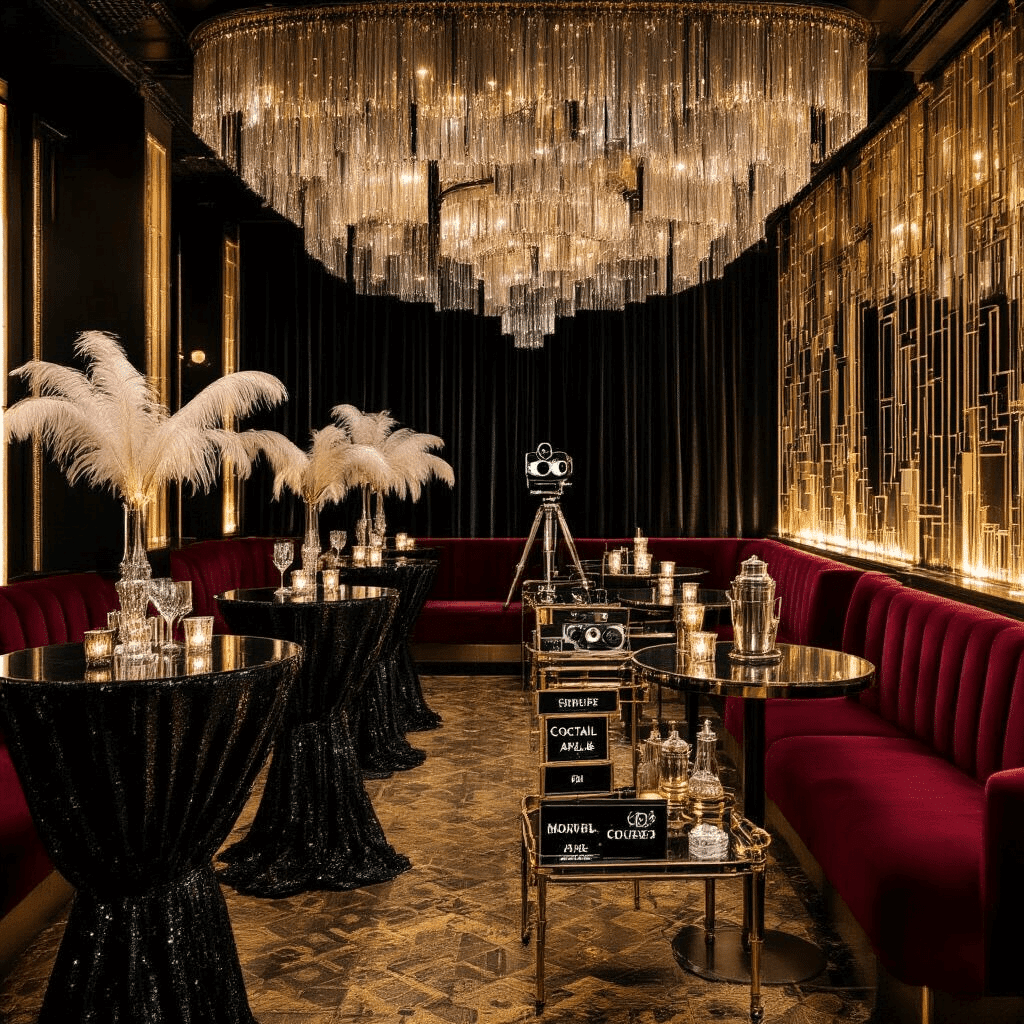 A glamorous art deco cocktail lounge featuring a black and gold color scheme with deep red accents, sleek high-top tables with sequined linens, plush velvet booths, a metallic fringe backdrop, a vintage movie camera, mirrored bar cart with crystal decanters, pearl accents, and feather centerpieces, creating a cinematic atmosphere for a Hollywood soirée.