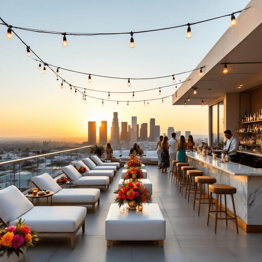 A stylish rooftop lounge in Los Angeles at golden hour, featuring sleek white loungers, tropical centerpieces, string lights, a marble bar with brass accents, and guests enjoying colorful cocktails against a stunning cityscape backdrop.