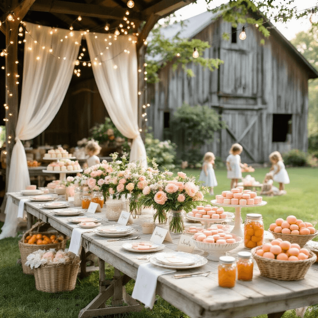 An enchanting garden party in Marietta with a rustic barn backdrop adorned in fairy lights and sheer fabric, featuring long farmhouse tables set with vintage china and flower arrangements, a dessert cart with pastel macarons and cupcakes, children playing lawn games on lush grass, and picnic baskets of fresh peaches and honey jars, all in soft peach, sage green, and cream colors.