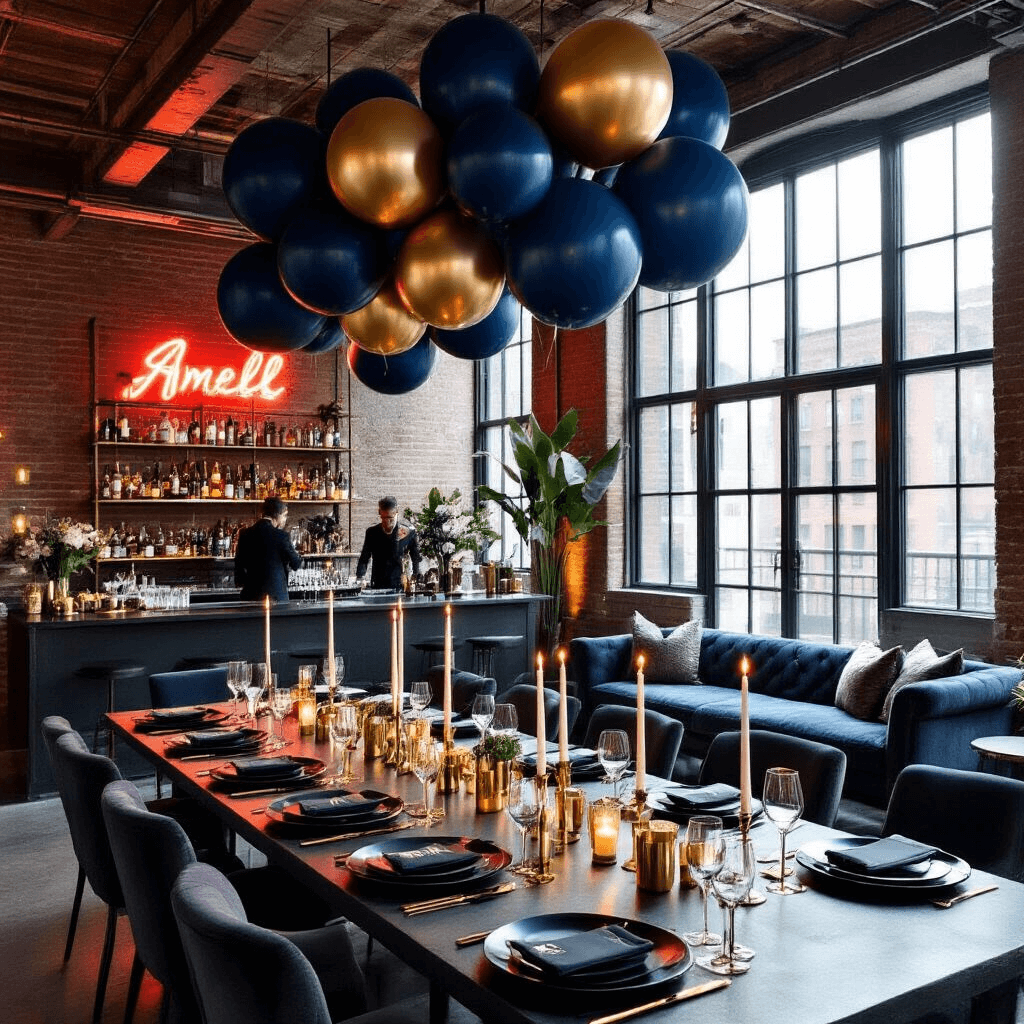 A stylish New York City loft set for an evening soirée, featuring exposed brick, a long communal table with black plates and gold cutlery, balloon installations in midnight blue and metallic gold, a cocktail bar with a neon sign, and a cozy lounge area with velvet sofas.