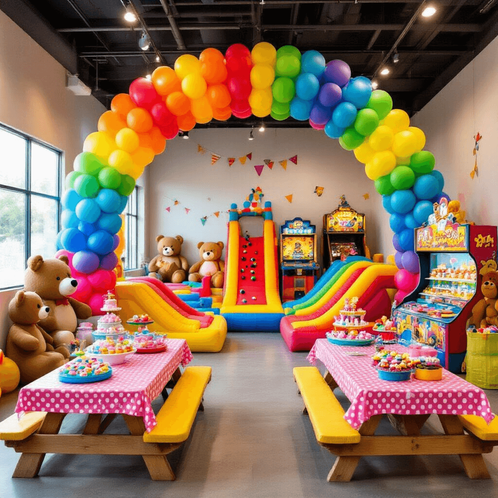A vibrant indoor adventure zone for a child's birthday party, featuring a towering rainbow balloon arch, inflatable obstacle courses, arcade games with flashing lights, a DIY slime station on polka dot tablecloths, a tiered display of colorful cake pops and themed cupcakes, oversized teddy bears, and playful cartoon cutouts, all brimming with energy and joy.