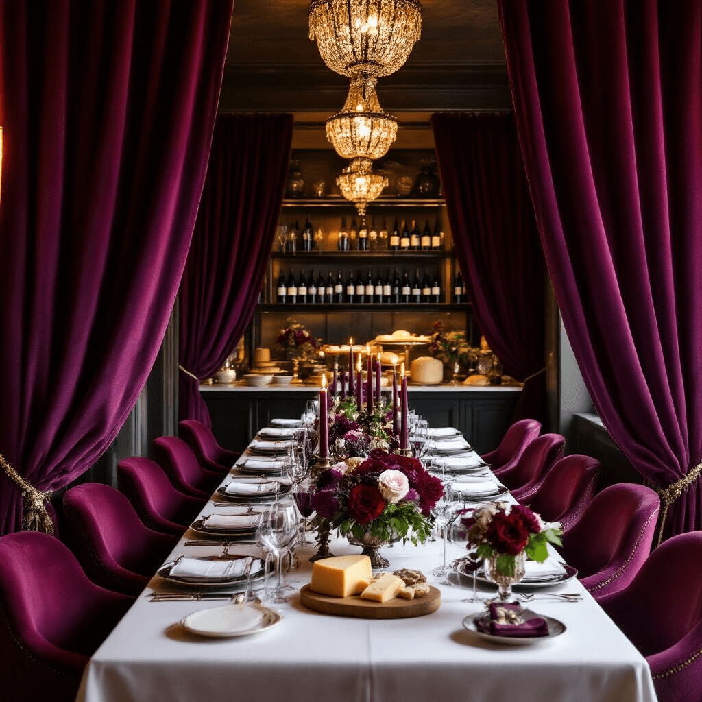Intimate private dining room set for a birthday celebration, featuring a long table with fine china, crystal stemware, silver candelabras with burgundy candles, and lush floral arrangements in rich jewel tones, with a cheese and charcuterie display and wine bottles on shelves under soft chandelier lighting.