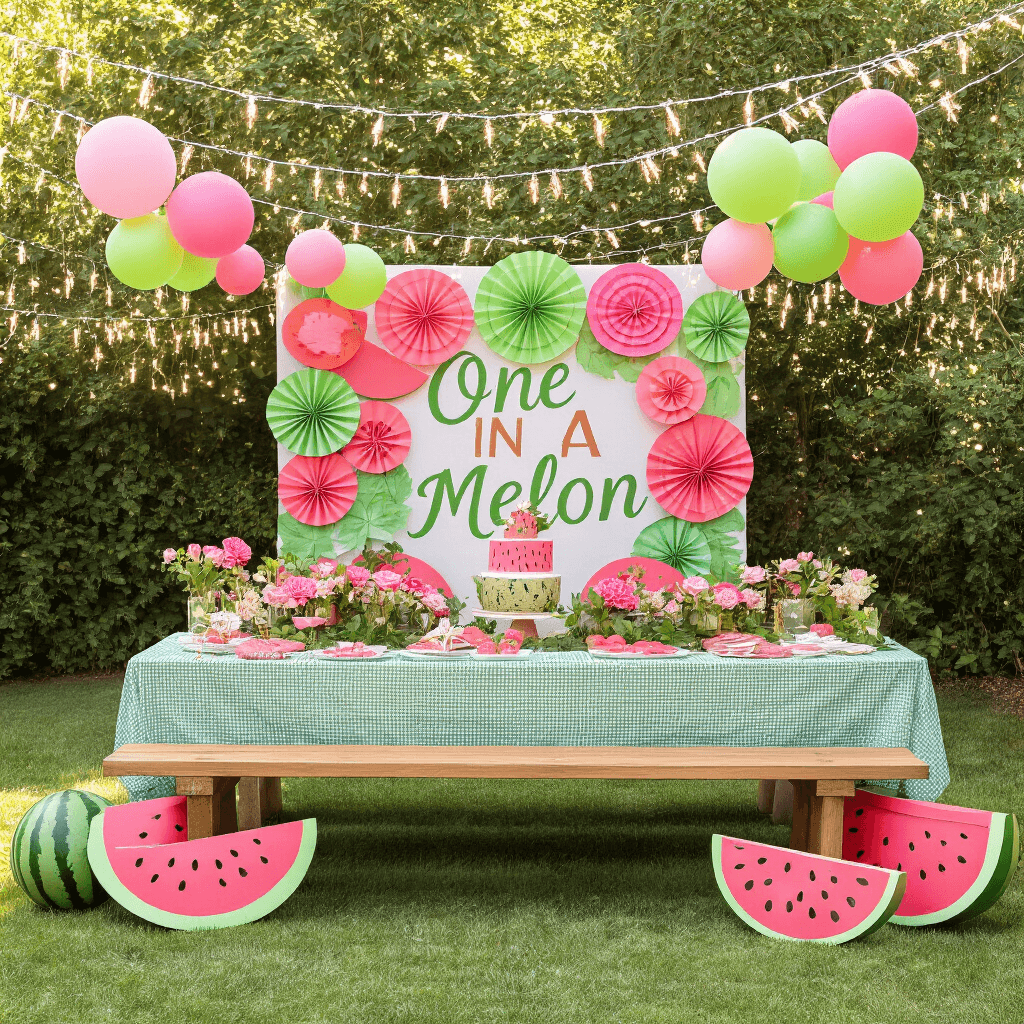 A whimsical 'One in a Melon' first birthday party featuring a picnic table with a gingham tablecloth, fresh watermelon slices, pink flowers, and mint leaves, surrounded by pink and green balloons, fairy lights, a paper fan backdrop, cozy picnic blankets, and a watermelon-shaped smash cake.