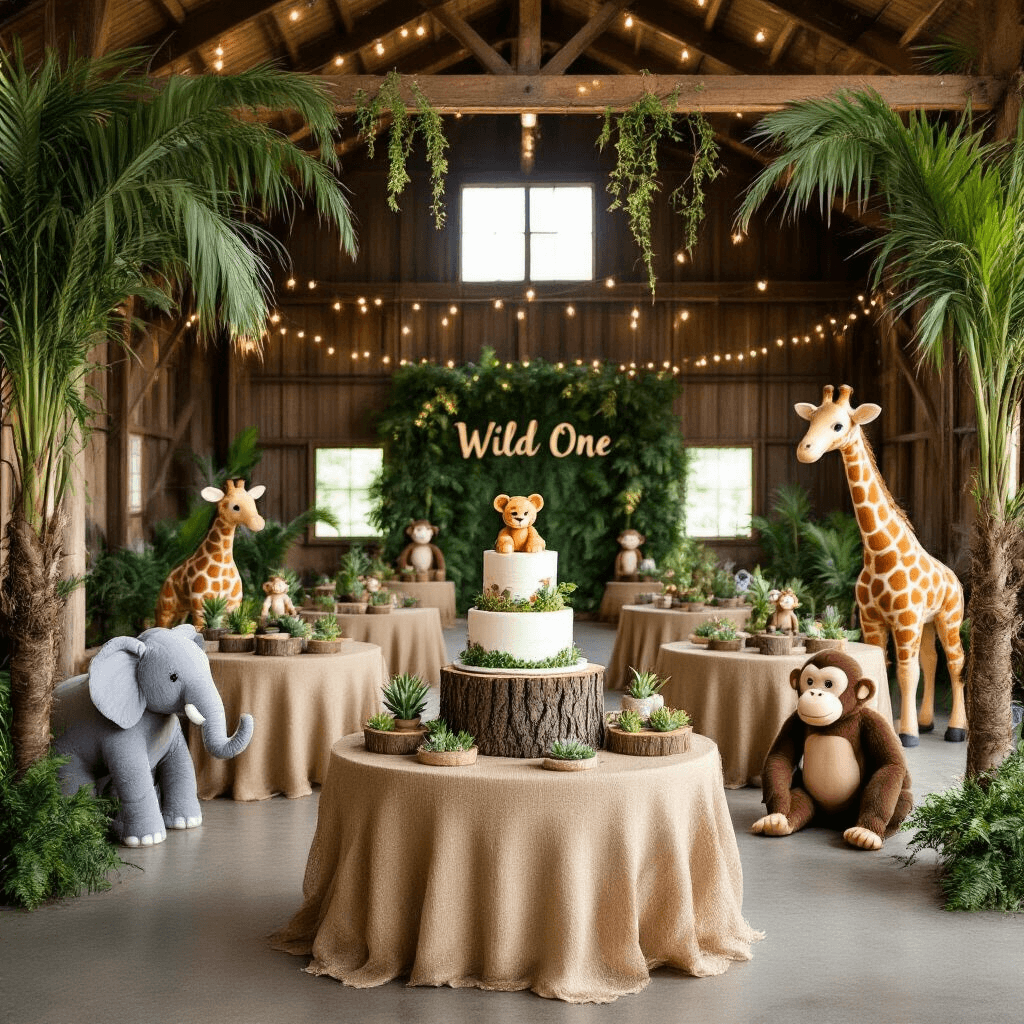 A rustic barn decorated for a 'Wild One' safari-themed first birthday, featuring palm fronds, lush greenery, burlap-covered tables with terrariums and animal figurines, a tiered cake resembling tree stumps, oversized plush animals, and a cozy teepee reading nook with animal-print cushions.