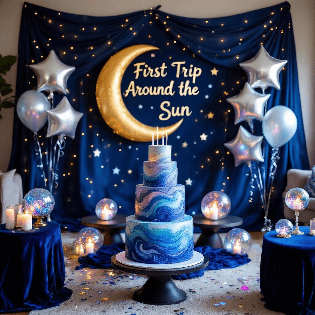 A whimsical living room transformed into a celestial-themed party, featuring deep blue fabric walls adorned with LED stars, a golden crescent moon backdrop with silver star balloons, midnight blue velvet tables with constellation glass orbs and candles, a galaxy-themed birthday cake, plush metallic floor cushions, and a DIY cardboard rocket ship photo booth.