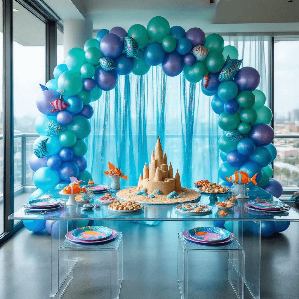 A vibrant 'Under the Sea' first birthday party setup in a modern apartment with blue cellophane windows, a grand balloon arch, low acrylic tables with iridescent plates, a dessert island featuring a sandcastle cake, jellyfish lanterns, a bubble machine, and a ball pit 'rock pool' filled with blue and white balls, surrounded by oversized cardboard sea creature cutouts.