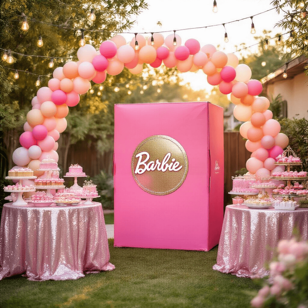 A whimsical Barbie-themed birthday party in a sun-drenched backyard featuring a hot pink cardboard photo booth, sequined tablecloths, pastel cupcakes, balloon arches, fairy lights, and a dessert cart overflowing with pink treats.