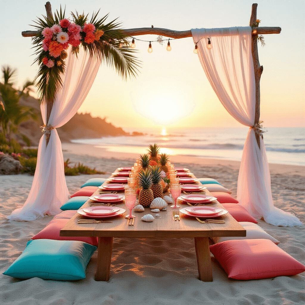 An elegant beach party setup inspired by Malibu Barbie at sunset, featuring a long farmhouse table adorned with ombre pink plates and gold cutlery surrounded by plush floor cushions, a driftwood arch with seashells and fairy lights, and warm golden hues casting a dreamy atmosphere.