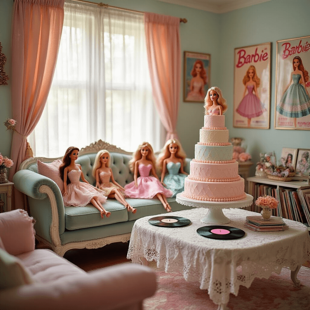 A cozy vintage Barbie-themed living room with pastel colors, featuring a velvet settee with retro dolls, a lace-draped coffee table with a pearl-encrusted cake, and walls adorned with vinyl records and Barbie posters, all illuminated by soft morning light.