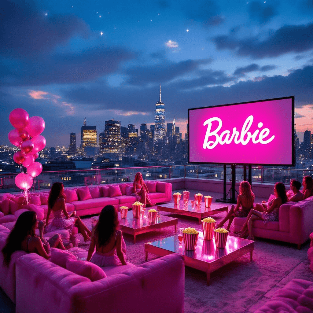 A glamorous rooftop party for the Barbie movie premiere, featuring pink velvet sofas, rose gold popcorn buckets, custom cocktails, and a neon 'Barbie' sign, all set against a sparkling city skyline at night.