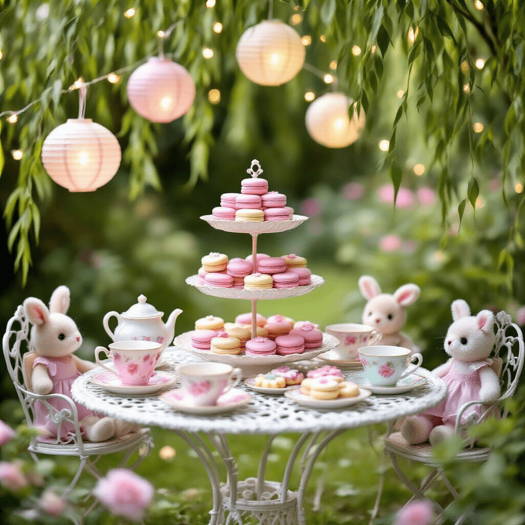 A whimsical Barbie tea party set in a lush garden, featuring mismatched pastel teacups on a white wrought-iron table under a weeping willow. A tiered stand brimming with pink macarons and flower-shaped cookies complements delicate paper lanterns and fairy lights overhead. Plush rabbit and kitten stuffed animals sit as 'guests' in miniature chairs, with a dreamy bokeh-filled background enhancing the enchanting atmosphere.