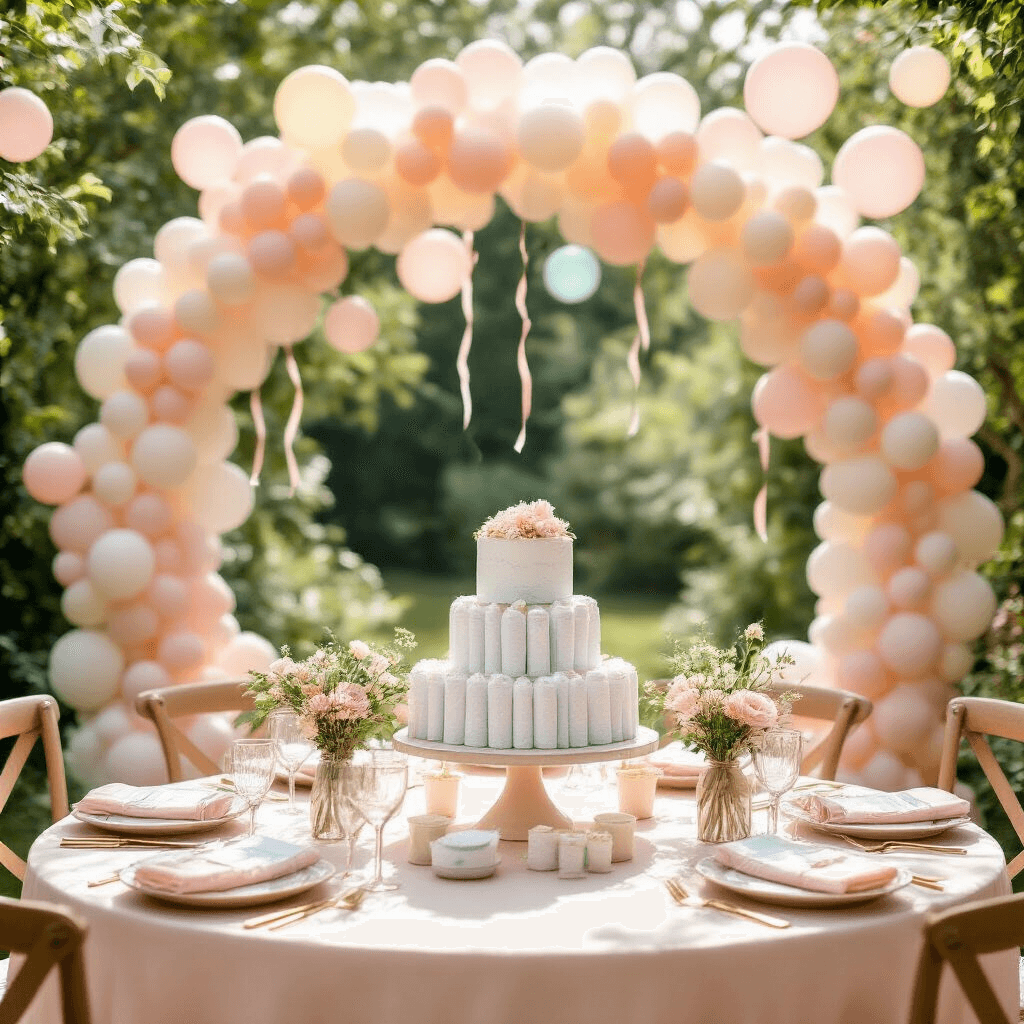 Ultimate Guide to Baby Shower Balloons: Creating Magical Moments on a Budget Sunlit garden baby shower with a pastel balloon arch framing a dessert table featuring a tiered diaper cake, surrounded by blush linen tables, gold flatware, floral centerpieces, and floating balloons in a lush green setting.