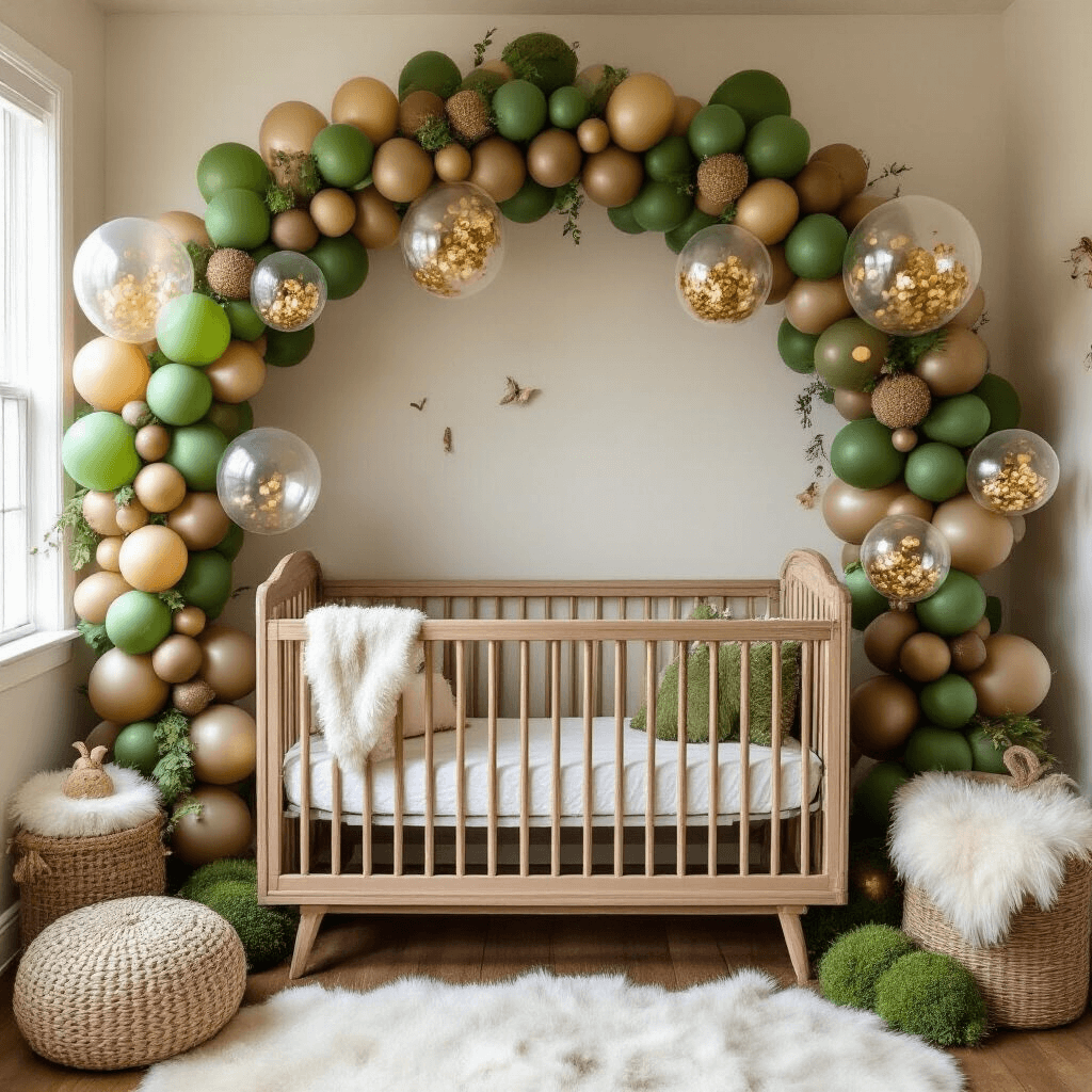 Ultimate Guide to Baby Shower Balloons: Creating Magical Moments on a Budget A whimsical woodland-themed nursery for a baby shower featuring a balloon arch in forest greens and earthy browns framing a crib, with transparent balloons filled with gold confetti, rustic wooden elements, moss accents, and soft faux fur details creating a cozy atmosphere.