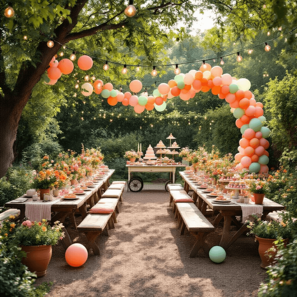 Overhead view of a vibrant garden party with long picnic tables under a tree canopy adorned with twinkling lights and colorful balloons, featuring wildflowers in terracotta pots and a vintage dessert cart overflowing with pastel macarons. The scene is illuminated by late afternoon sunlight, casting dappled shadows.