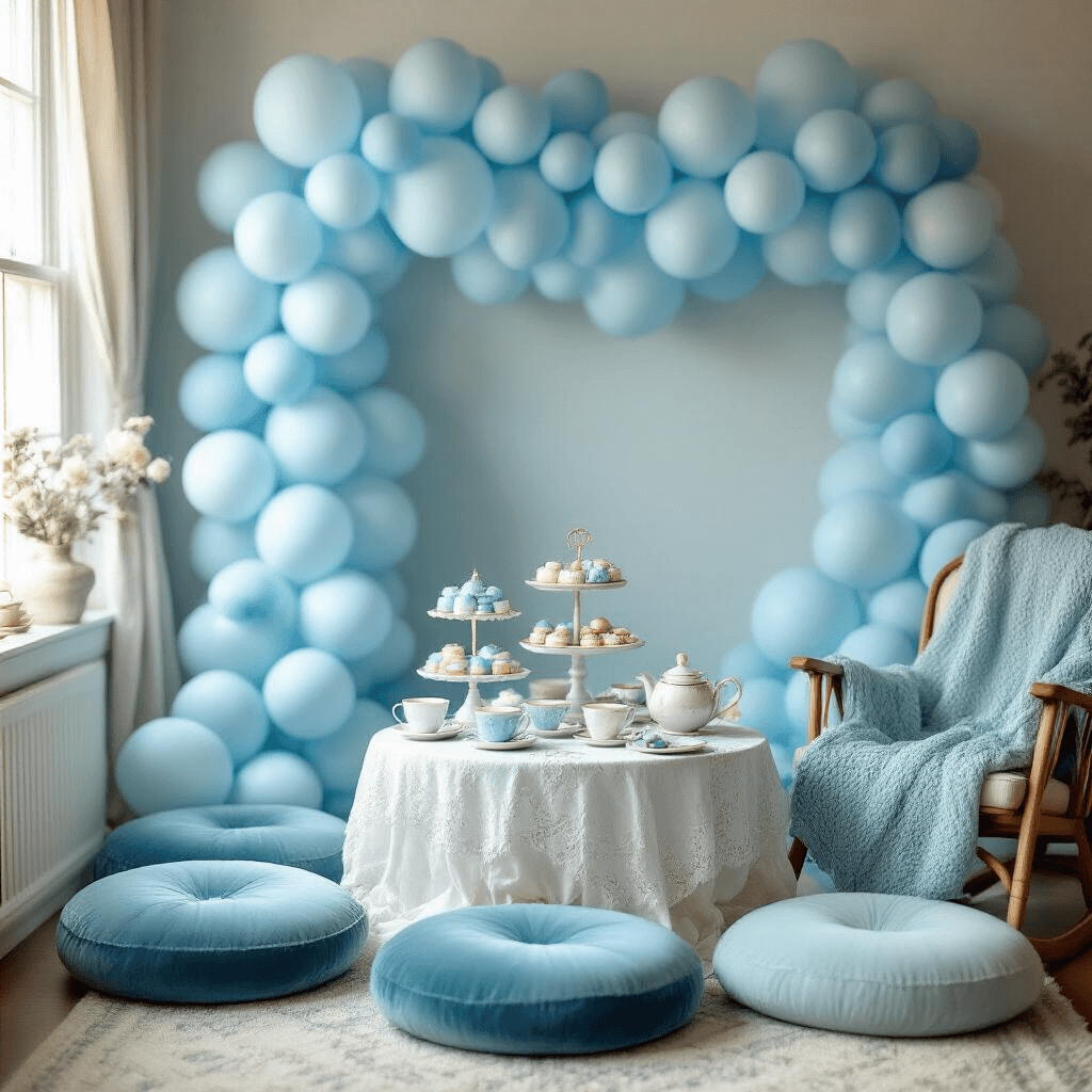 Blue Balloons: The Ultimate Guide to Styling, Photography, and Event Decor A cozy baby shower scene featuring a low table set for tea with vintage teacups, lace tablecloth, and blue-frosted treats, surrounded by velvet cushions, all illuminated by soft morning light and against a backdrop of cascading blue balloons.