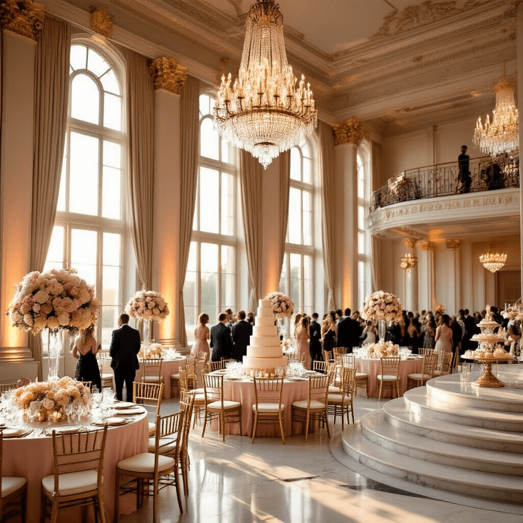 A grand ballroom wedding reception at golden hour, with blush pink and cream tables, ornate floral centerpieces, crystal chandeliers, a marble staircase, a tiered wedding cake, and a champagne tower, all illuminated by soft, warm light.