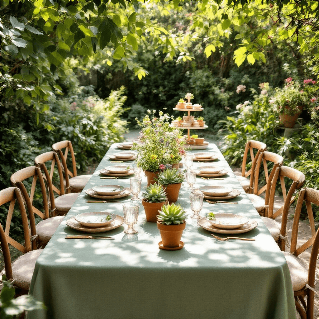 An intimate garden baby shower set under dappled sunlight, featuring a long farmhouse table with sage green linen, terracotta potted succulents, wildflower arrangements, personalized ceramic plates, and delicate glassware, surrounded by lush greenery and a pastel-colored dessert cart.