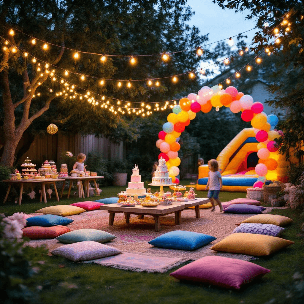 A whimsical children's birthday party at twilight, featuring a colorful setup with fairy lights, cozy seating areas, a bounce house, and a dessert table adorned with a tiered cake and balloons, capturing a playful atmosphere as children play.