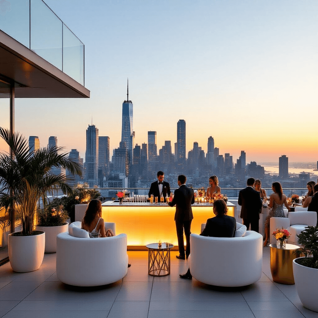 A sophisticated rooftop cocktail party at sunset, featuring modern white lounge furniture, glowing skyscrapers, a backlit bar with mixologists, and elegantly dressed guests mingling among minimalist floral arrangements.