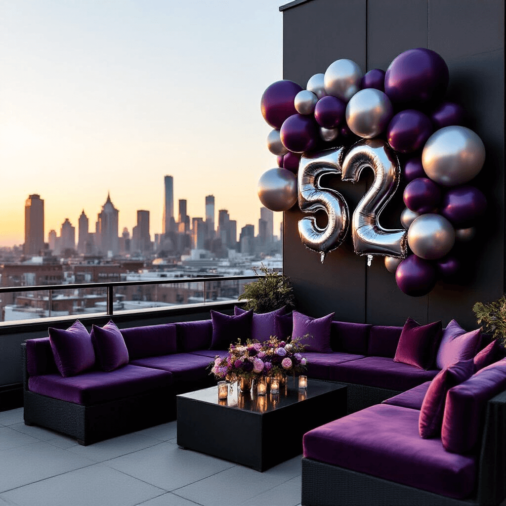 An intimate rooftop celebration at golden hour, featuring oversized silver mylar numbers against a backdrop of matte black and metallic balloons, with low lounge seating and elegant balloon bouquets in deep purple and lavender, set against a sleek city skyline as the sun sets.