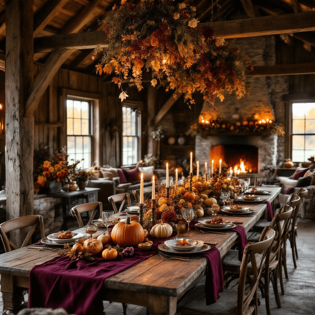 A cozy autumn dinner party in a rustic barn, featuring a harvest table set with mismatched vintage china, copper accents, and rich burgundy linens. The warm candlelight flickers off weathered wooden beams and stone walls, while seasonal centerpieces of pumpkins and autumn leaves enhance the festive atmosphere. Comfortable armchairs surround a welcoming fireplace, and hanging installations of dried flowers add texture to the scene.