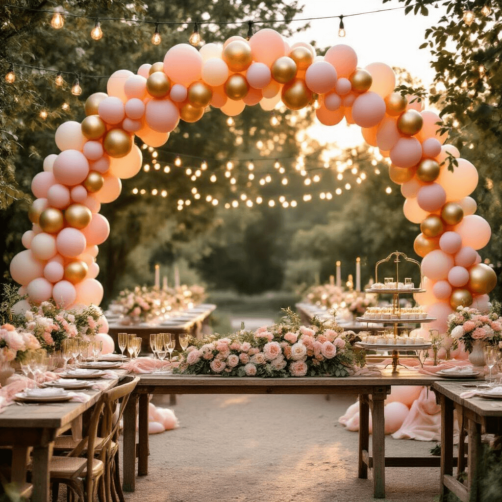 A golden hour outdoor garden party with a grand ombré pastel balloon arch in pink and peach, rustic wooden tables with blush silk linens and floral centerpieces, twinkling fairy lights overhead, and a vintage bar cart with champagne flutes and a tiered cake stand, all bathed in soft, warm lighting.