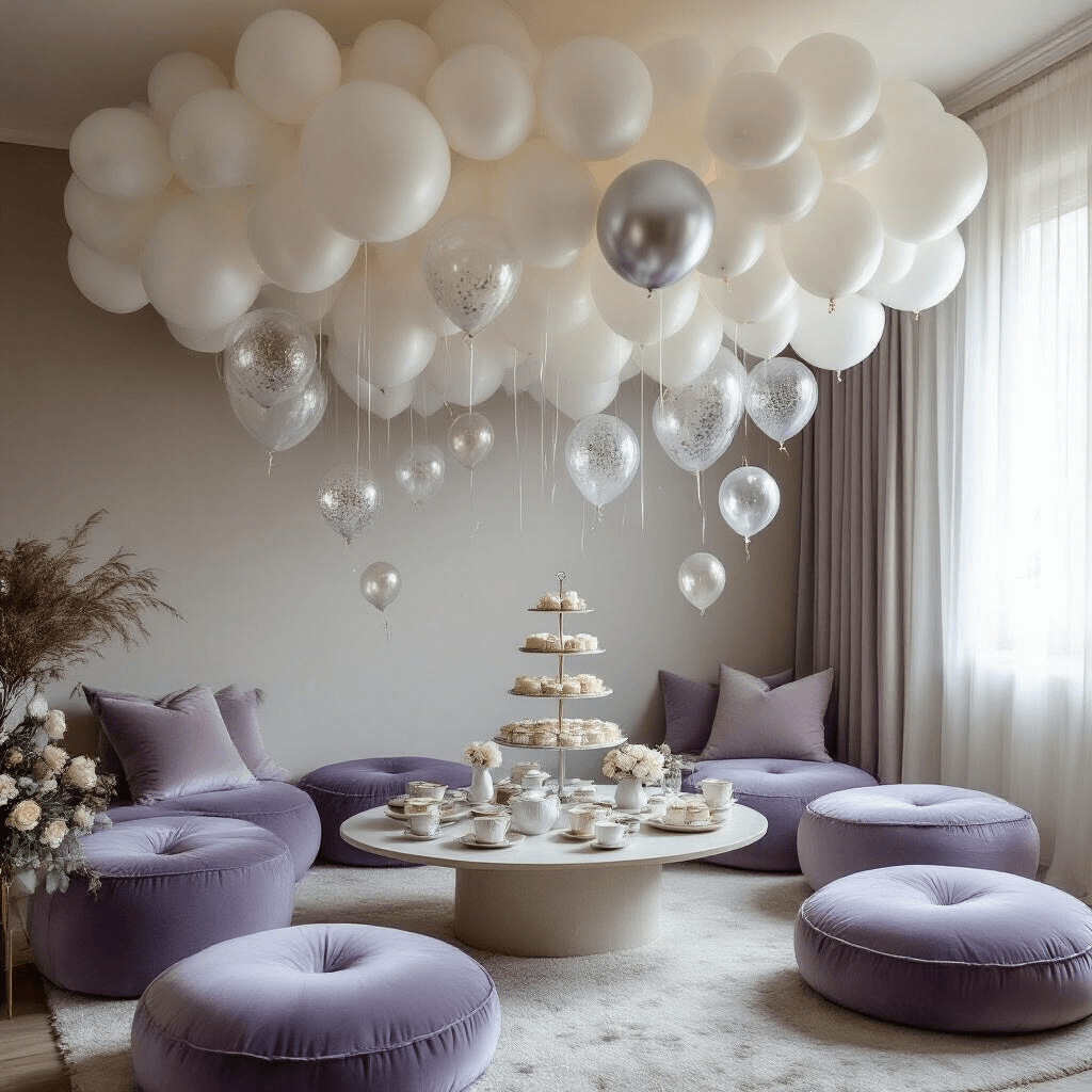 An intimate indoor celebration in a cozy living room featuring oversized white balloons forming a cloud-like canopy, interspersed with silver and clear confetti-filled balloons. A low coffee table, adorned with delicate china and a three-tiered cake stand, is surrounded by plush velvet floor cushions in dusty blue and lavender. Soft morning light filters through sheer curtains, illuminating the scene and casting gentle shadows.