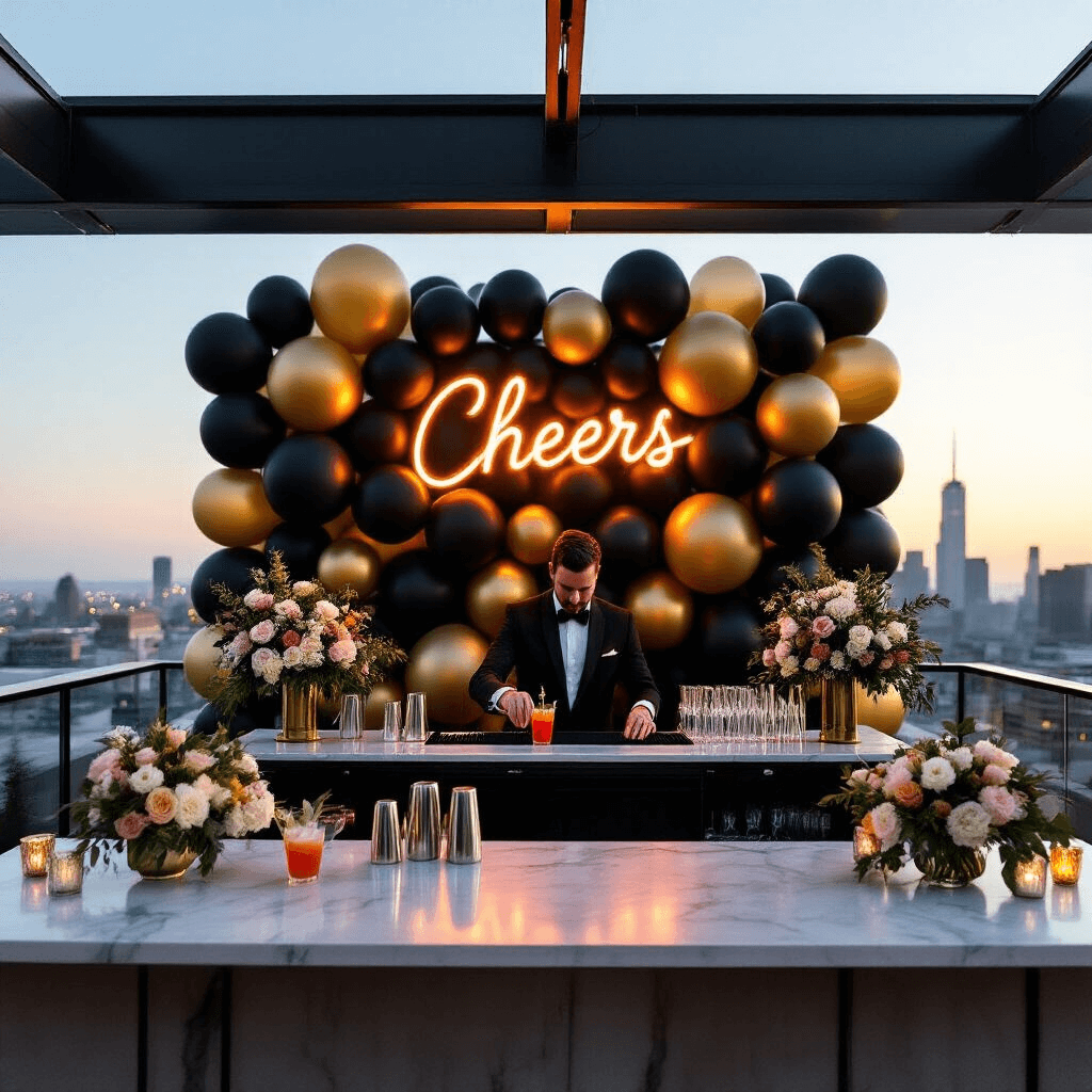 A chic rooftop cocktail party at dusk features a balloon wall of matte black, gold, and clear balloons in a modern geometric pattern, high-top tables with white linens and tall floral arrangements, and a glowing neon 'Cheers' sign. A bartender mixes cocktails at a marble bar, with the city skyline framed in the background.