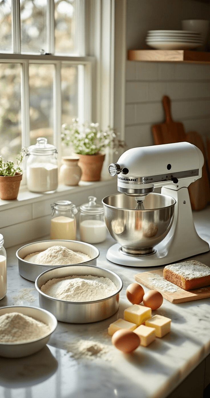 A bright and modern kitchen with a marble countertop, featuring baking ingredients like flour, eggs, and butter, two lined cake pans, a stand mixer, measuring tools, and a recipe card, all illuminated by soft natural light.