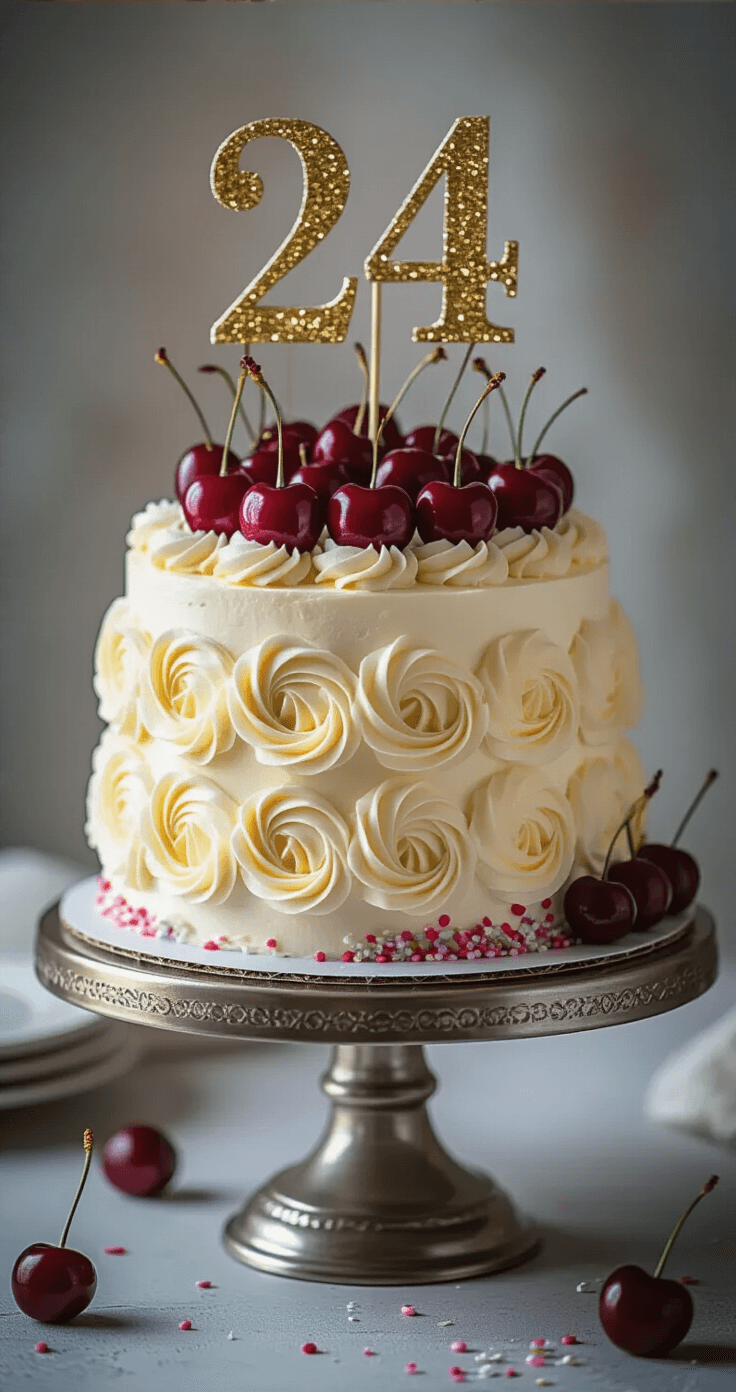 An elegantly decorated two-layer birthday cake with vanilla buttercream frosting, pink rosettes, a '24' topper, and fresh cherries on a metallic stand, set against a soft-focus background.