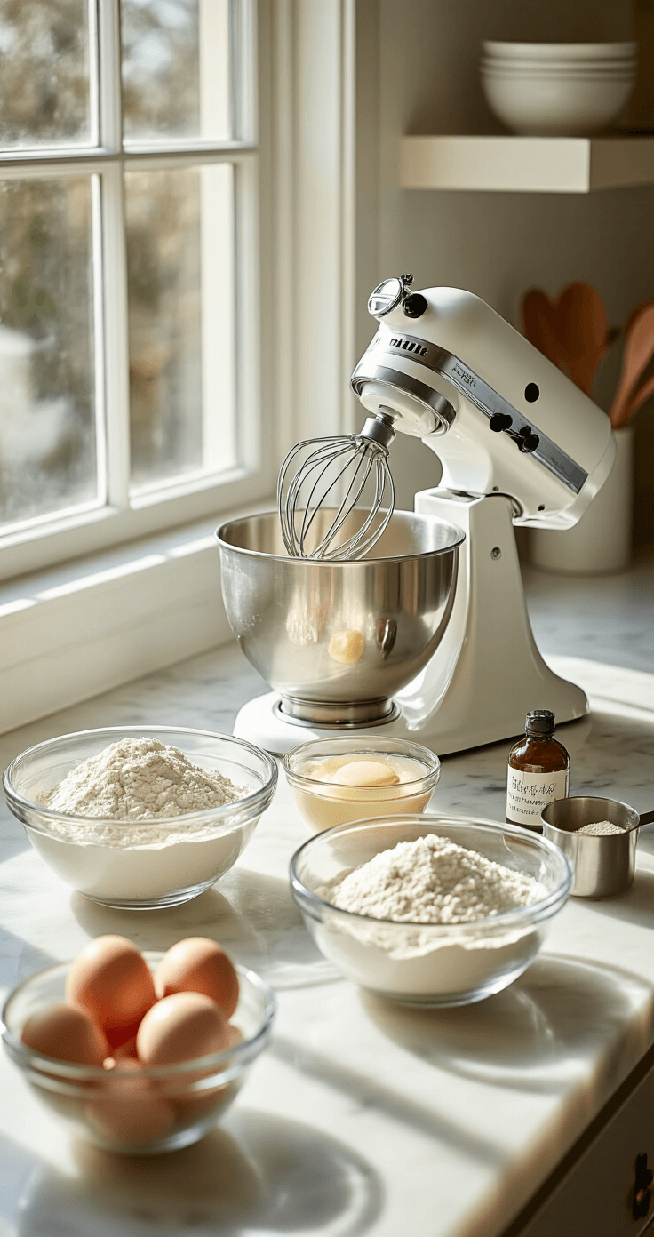 A bright kitchen with a marble countertop displaying ingredients in glass bowls, a stand mixer, and flour dust illuminated by sunlight, creating a warm and inviting baking atmosphere.