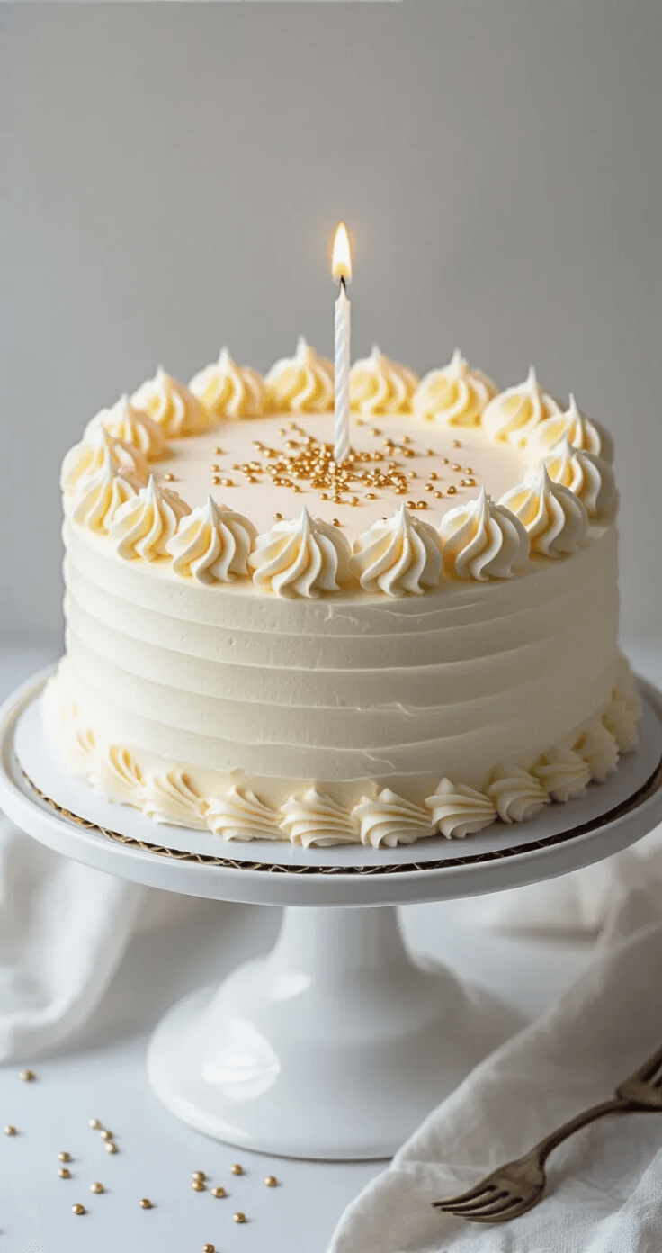 A square birthday cake with smooth white buttercream frosting, adorned with delicate piped rosettes and metallic sprinkles, displayed on a minimalist white stand with a single candle, set against a soft-focus background.
