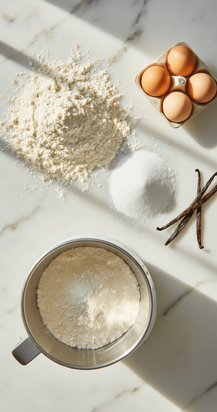 Overhead shot of a marble countertop featuring neatly arranged baking ingredients: sifted cake flour, room temperature eggs, crystalline sugar, vanilla pods, and a stand mixer, illuminated by soft natural light.