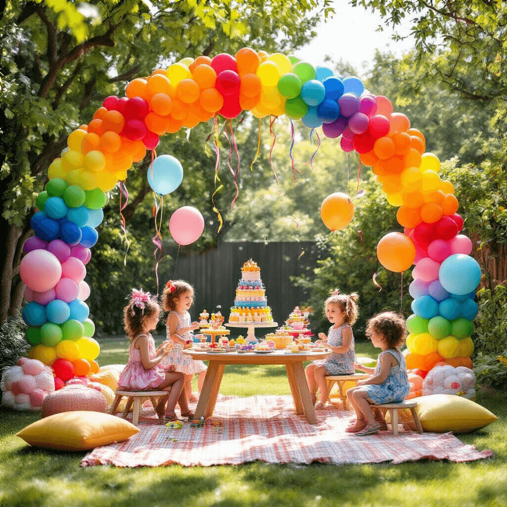A colorful children's birthday party in a sunny backyard featuring a vibrant rainbow balloon arch, a dessert table with tiered treats, cozy seating areas with picnic blankets and mini chairs, oversized character balloons in the trees, and children joyfully playing games surrounded by balloons and fluttering streamers.