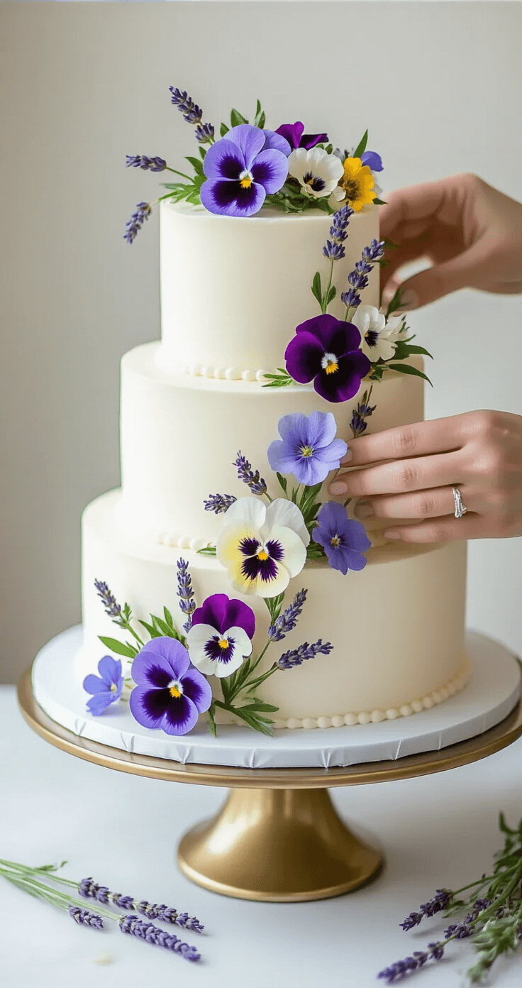 Close-up of hands adding vibrant edible wildflowers to a three-tiered white wedding cake on a gold cake stand, with soft-focus background and natural light enhancing the frosting texture and flower details.