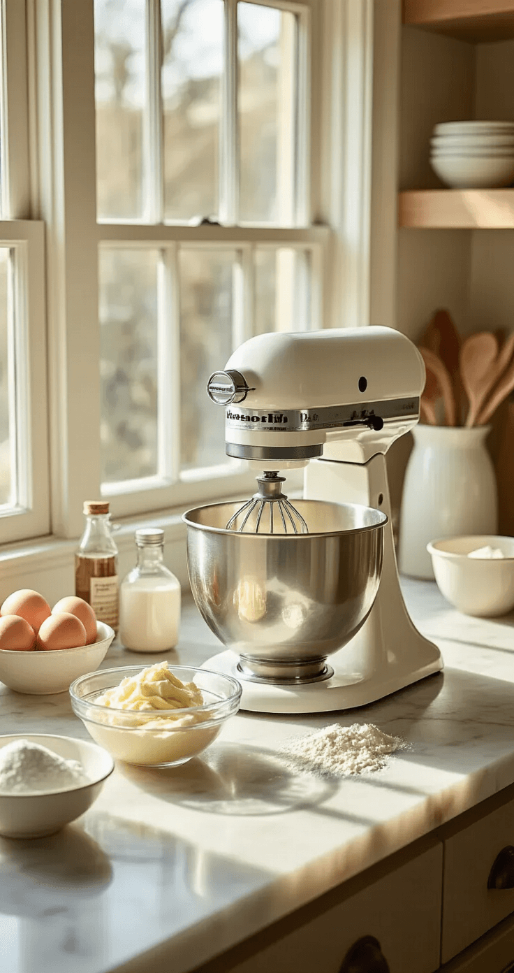A sunlit kitchen counter showcasing a stand mixer creaming butter and sugar, surrounded by organized ingredients in glass bowls, including fresh eggs and vanilla, on a marble countertop with measuring tools and a vintage recipe card.