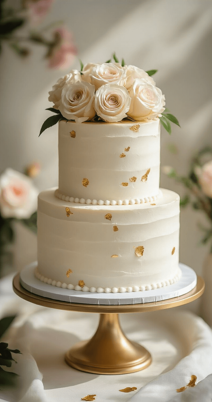 Elegant two-tier white wedding cake on a gold stand, decorated with fresh roses and gold leaf, set against a soft floral backdrop in warm afternoon light.