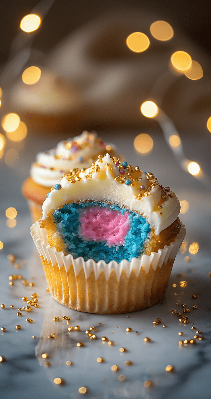 Dramatic overhead shot of a beautifully decorated cupcake split open, revealing vibrant blue filling spilling out against a marble backdrop, illuminated by golden afternoon light, with metallic sprinkles scattered artistically and soft bokeh from string lights in the background.