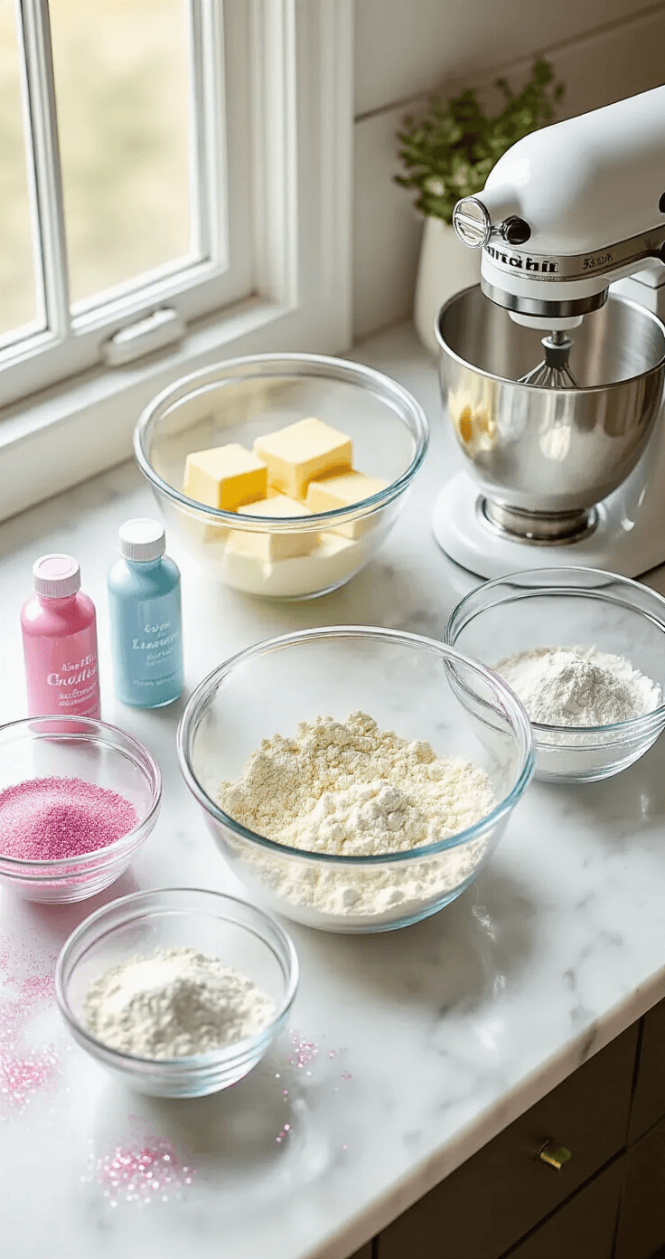 An overhead view of a marble countertop with glass mixing bowls filled with sugar, butter, and flour, alongside pink and blue gel food coloring, a stand mixer, and scattered edible glitter in soft natural light, creating a festive atmosphere for a gender reveal.