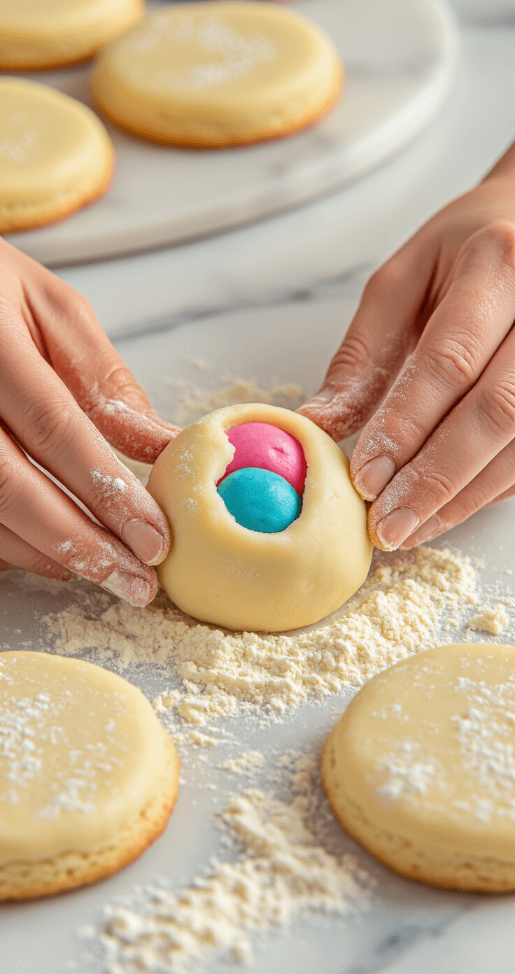 Close-up of hands wrapping white cookie dough around a vibrant pink or blue center, showcasing smooth texture and flecks of flour, with a marble pastry board and completed cookies in the background.