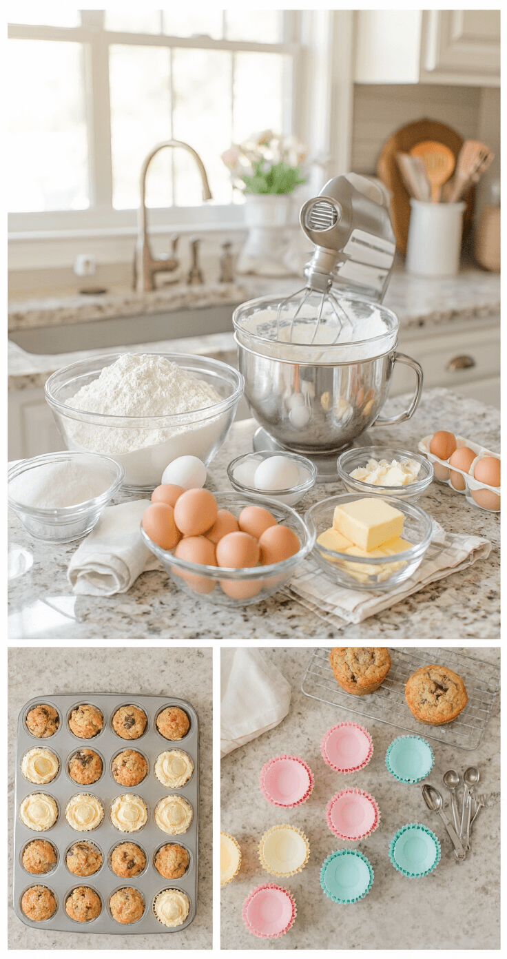 A sunlit kitchen countertop displaying neatly arranged baking ingredients in glass bowls, a shiny cupcake tin, pastel cupcake liners, a vintage hand mixer, and measuring spoons with vanilla extract, all creating a charming scene for a gender reveal preparation.