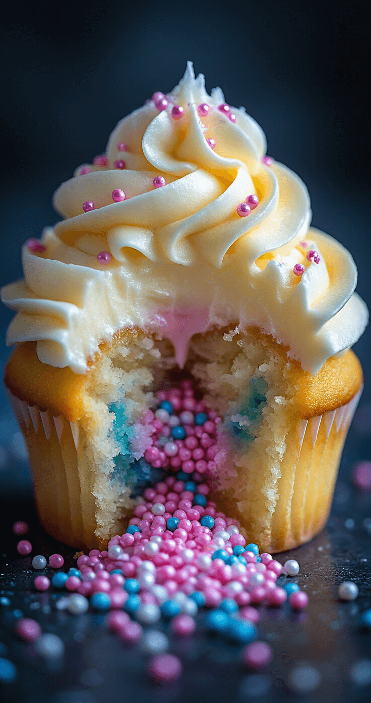 Close-up shot of a perfectly frosted cupcake cut in half, with pink and blue sprinkles spilling out against a dark background, featuring a beautifully piped buttercream swirl and pearlescent sugar crystals, surrounded by soft bokeh lighting.