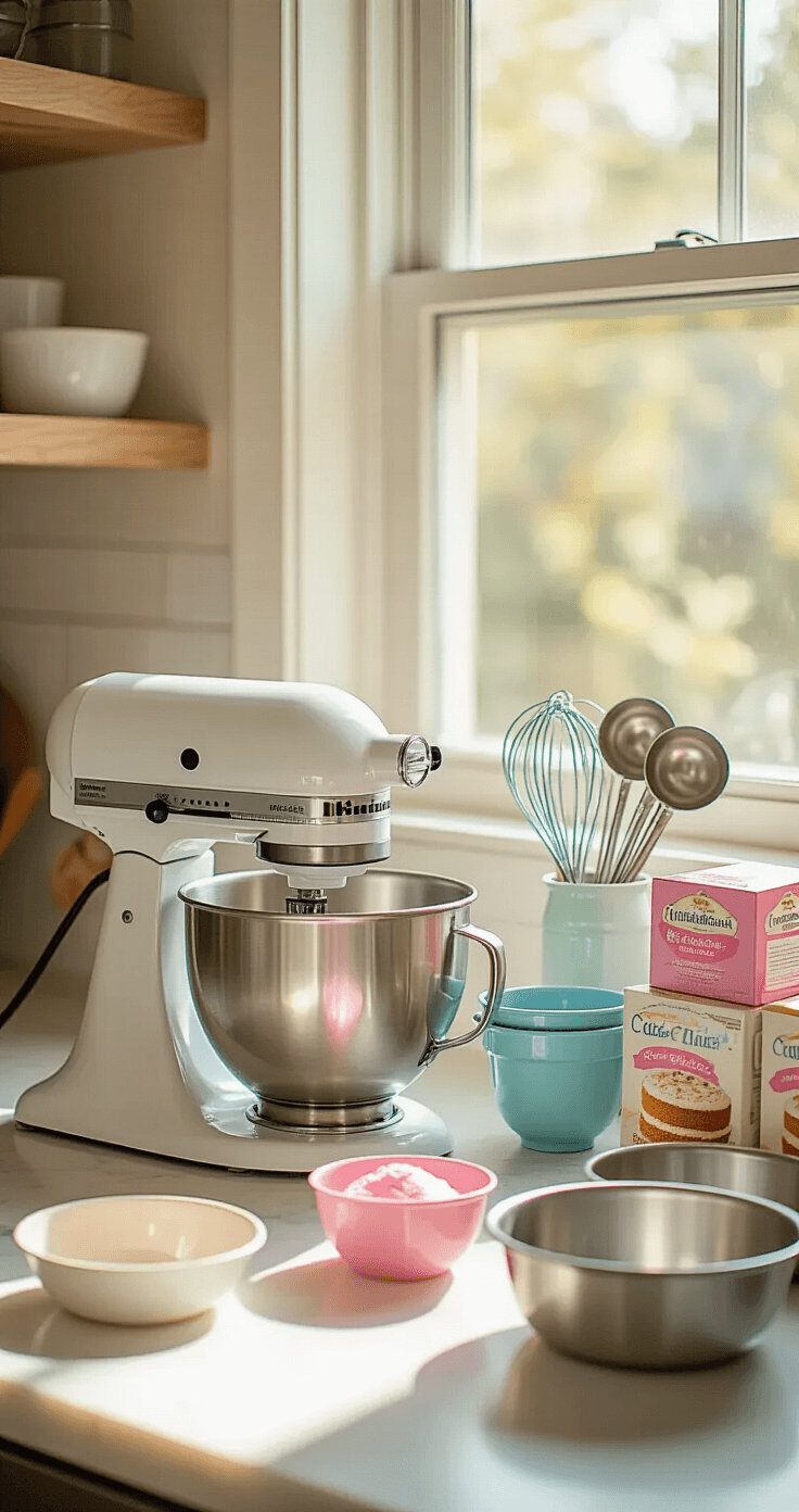 A sunny kitchen counter adorned with baking essentials including an electric mixer, measuring cups, and cake pans, illuminated by natural light, showcasing organized food colorings and cake mix boxes.