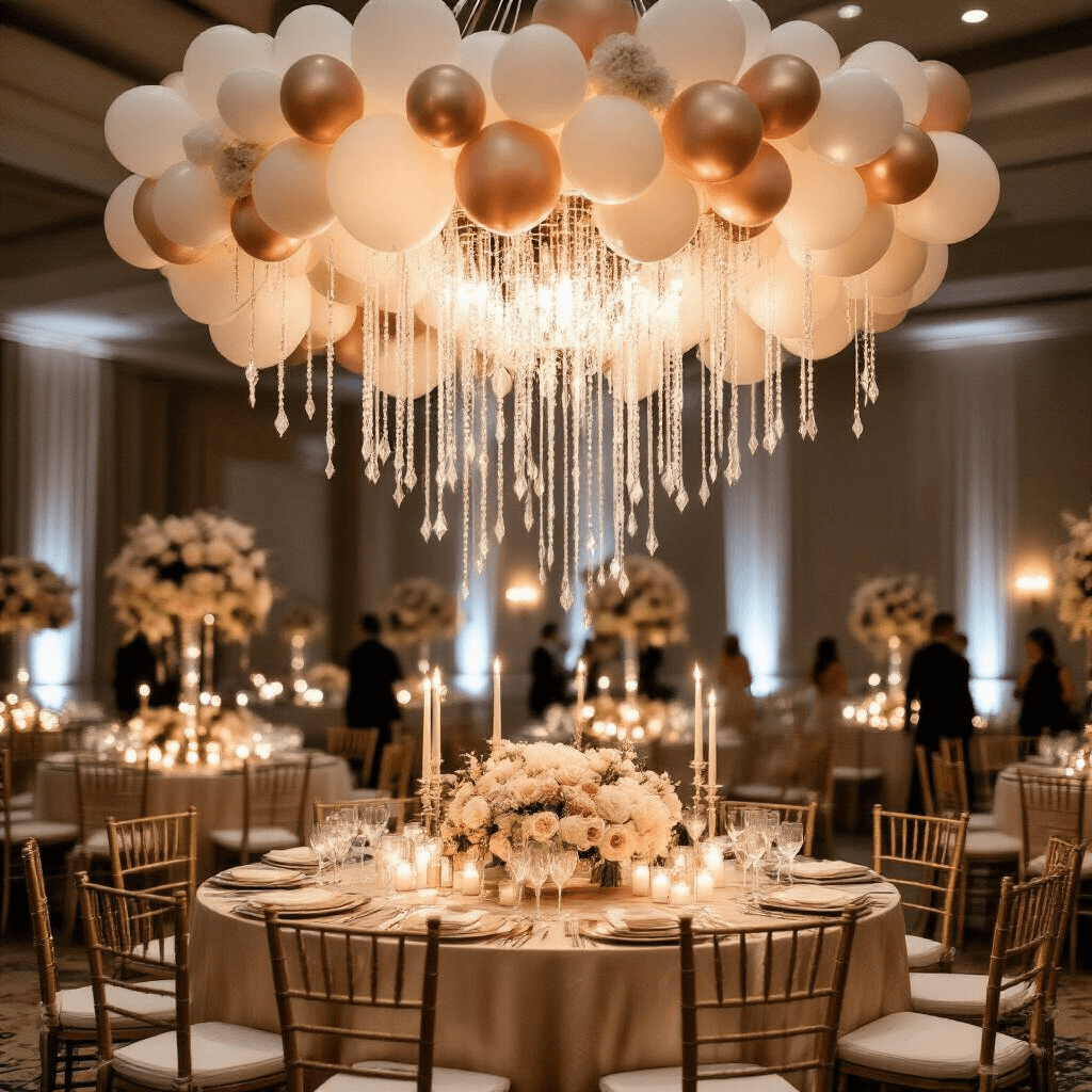 An elegant ballroom wedding reception illuminated by soft candlelight, featuring a dramatic balloon chandelier, champagne-colored silk tablecloths, gold Chiavari chairs, and lush floral arrangements, with a dance floor and couples twirling in the background.