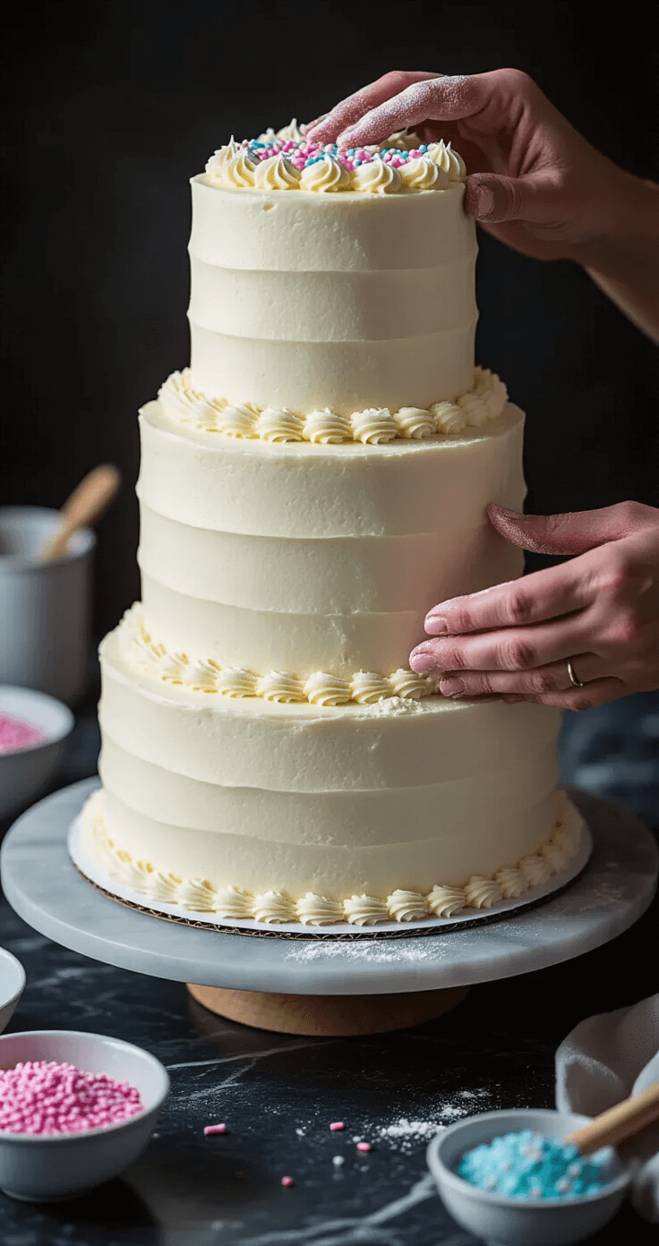Close-up of a baker's hands assembling a three-tiered white cake on a dark marble countertop, with flour-dusted hands and a spinning cake turntable, as soft lighting highlights the buttercream texture and colorful sprinkles in elegant bowls in the background.