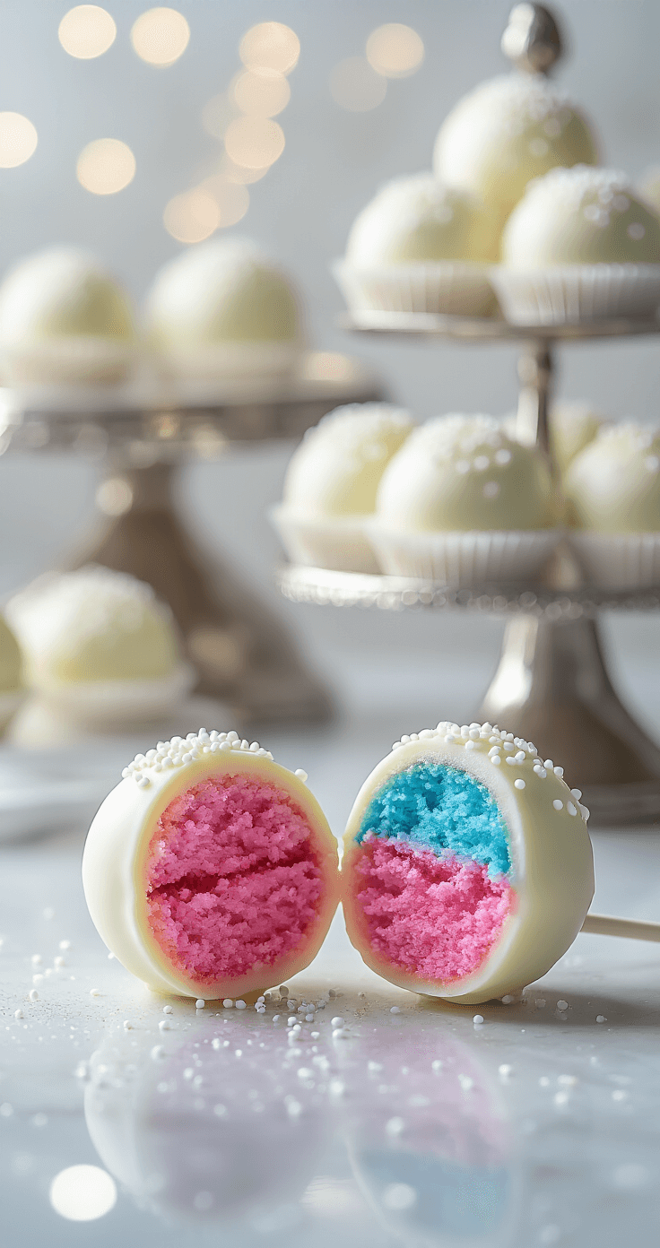 A perfectly spherical white cake pop, split in half to reveal a vibrant pink center, is illuminated by professional lighting. The outer coating is smooth and adorned with delicate white sprinkles, while a tiered silver stand features additional cake pops in a softly blurred background, with scattered edible glitter adding subtle sparkle.
