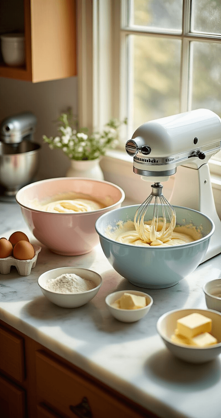 A bright professional kitchen with two white mixing bowls of pink and blue cake batter on a marble countertop, surrounded by measured ingredients and a stand mixer dusted with flour.