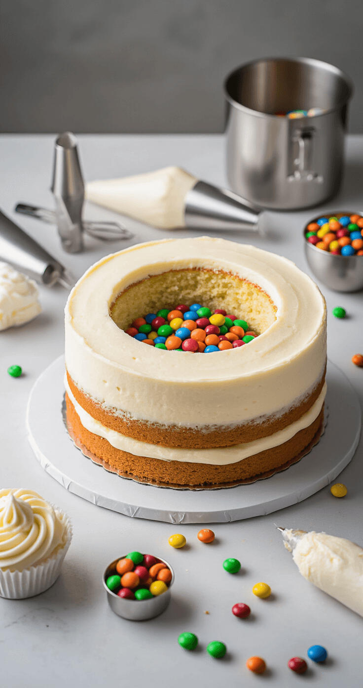 A close-up of a partially assembled gender reveal cake, featuring a circular cavity filled with colorful M&Ms, surrounded by leveled white buttercream layers and stainless steel baking tools in soft studio lighting.