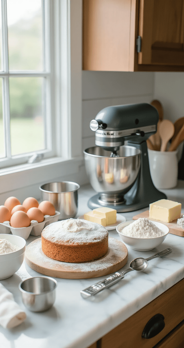 Close-up of baking ingredients including eggs, flour, vanilla extract, and butter on a marble countertop with a KitchenAid mixer and baking tools in soft natural light.