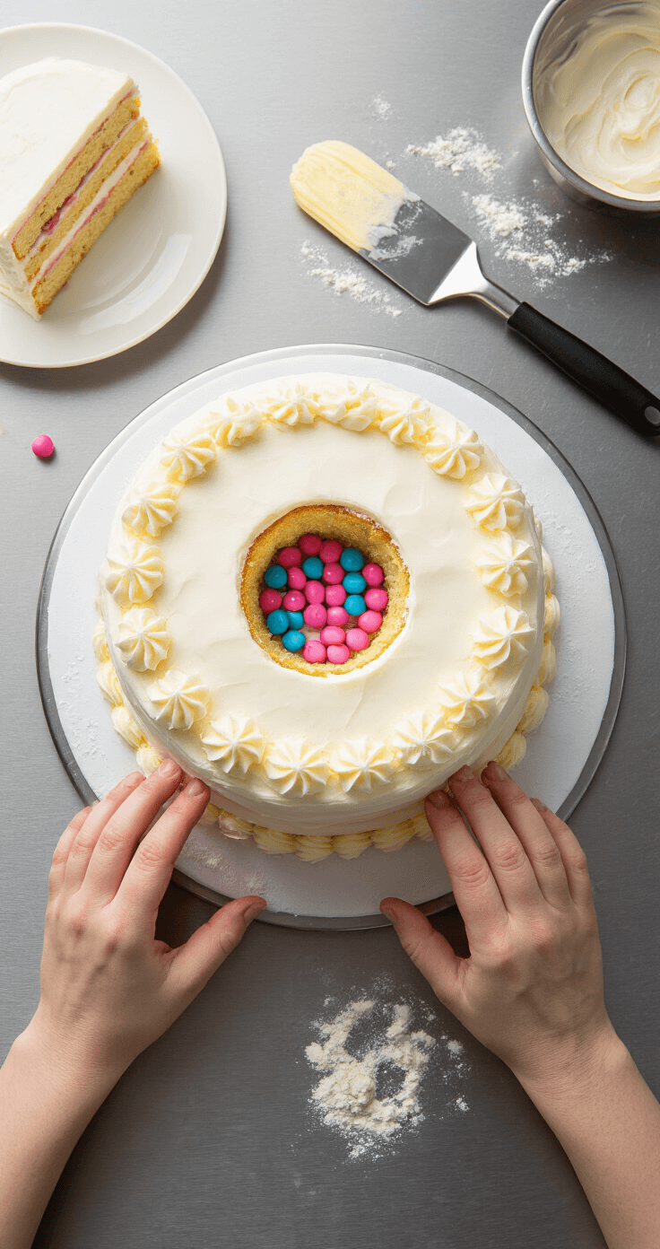 A baker's hands assemble a pristine white layered cake, filling a carved cavity with vibrant pink or blue candies, surrounded by professional baking tools and studio-quality lighting that enhances the cake's texture.